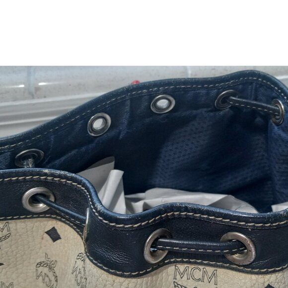 Vtg. MCM Drawstring Viestos Bucket Bag NAVY WHITE C7594 - Picture 4 of 16